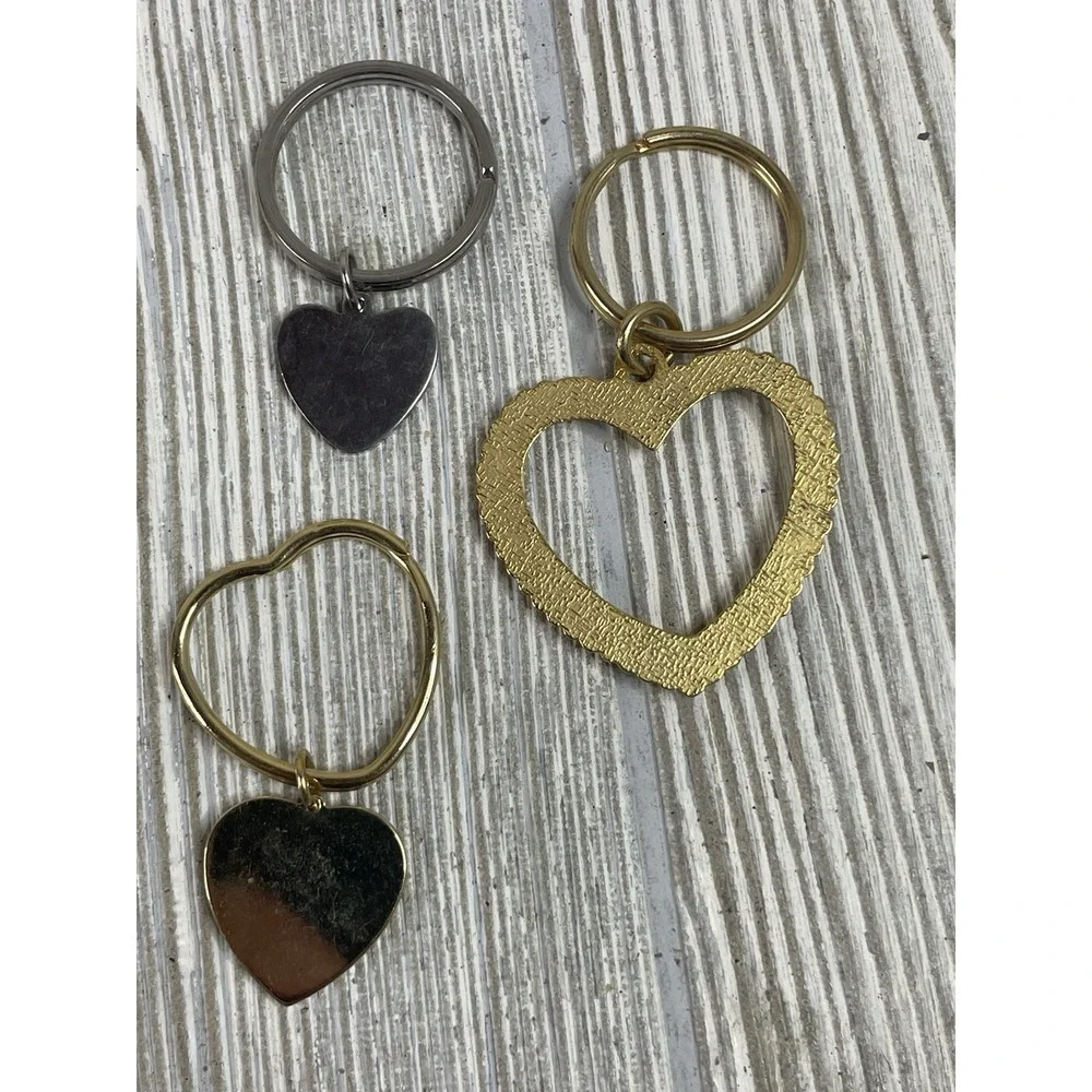 Vintage Heart Keychain Set 3pc Gold Silver Tone Rope Ribbed Open Heart Charms